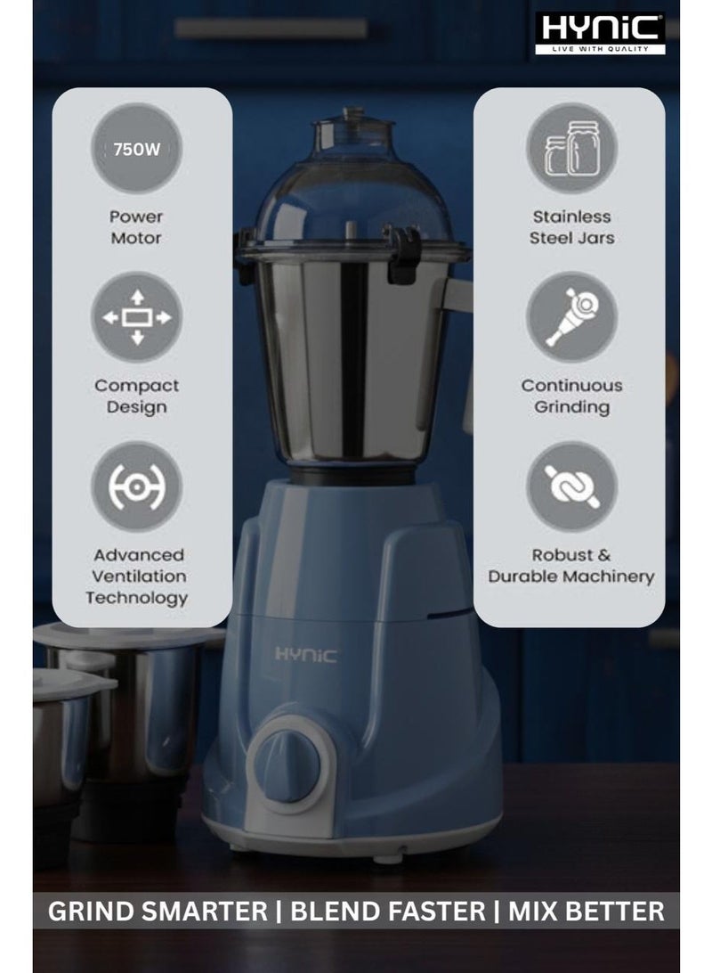 Hynic Kitchen Queen Heavy Duty Mixer Grinder | 750W 100% Copper Motor | 3 Stainless Steel Jars (1.5L, 1L, 0.5L) | Food-Grade Blades | Overload Protection & Advanced Ventilation | | Sky Blue - Image 2